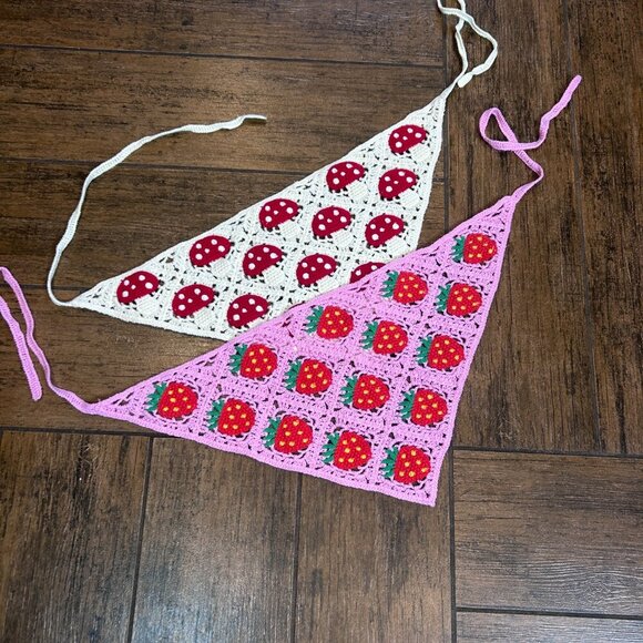 Colorful Crochet Bandanas Pink with Strawberries and White Mushrooms Set of 2 - Picture 4 of 4
